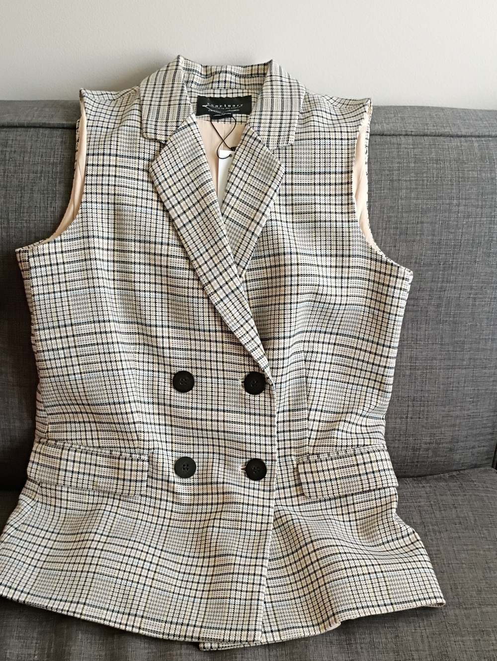 NWT Sanctuary Cream & Black Plaid Double-Breasted Sleeveless Vest